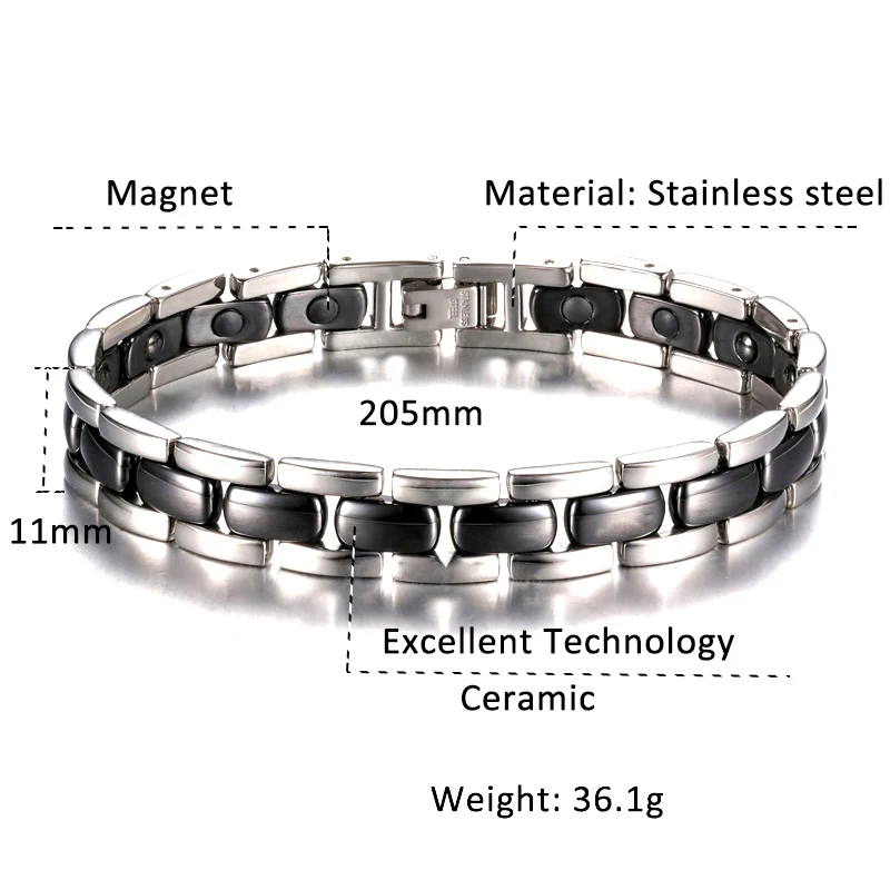 Olowu мужские магниты для здорового ухода серебряные браслеты-обручи тон нержавеющая сталь черный керамический браслет энергетическая сила ювелирные изделия для женщин