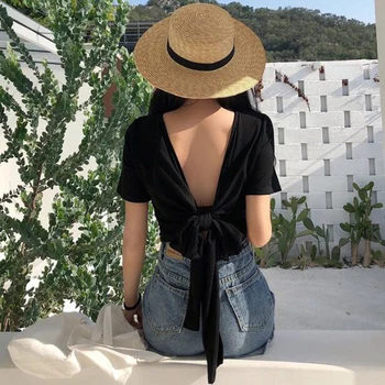 

Spring Summer New Style Women T-shirt Solid Color Short Sleeve Bow Tie Women Tops Tees Hot Sexy Backless Women T shirt