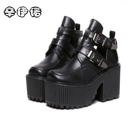 

women chunky block high heel platform wedge heel shoes harajuku gothic cut out ankle boots Botas Femininas creepers biker shoes