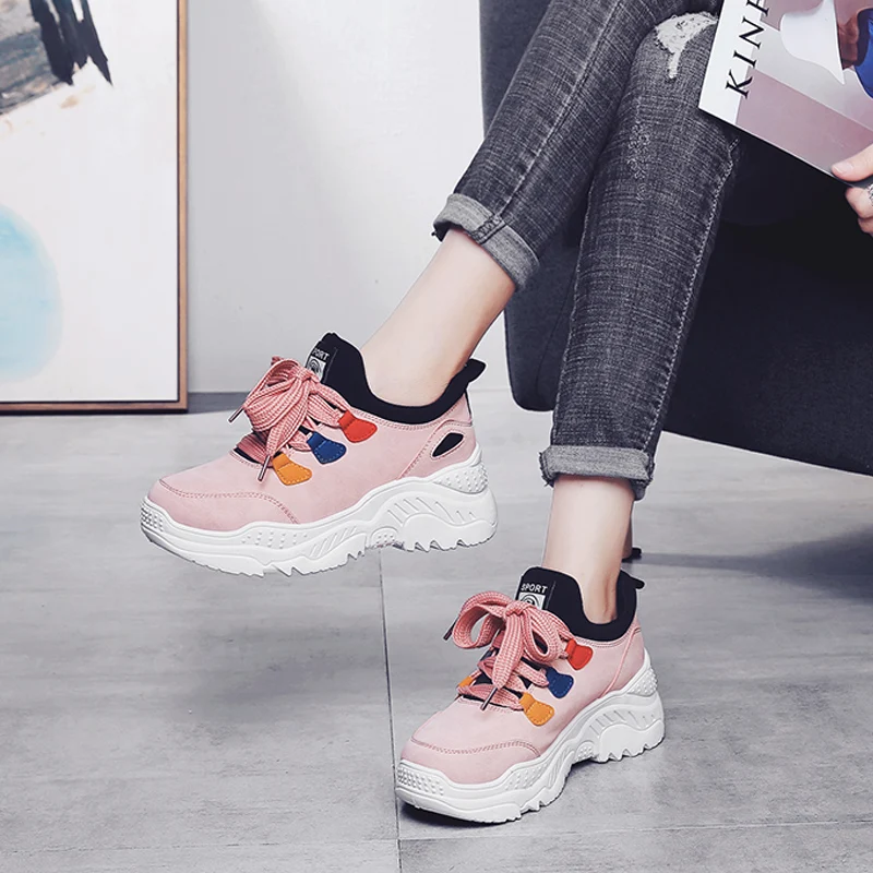 

Women's Casual Shoes Sneaker Dad Shoes Woman Sneakers Leather Black Lace-Up Flat Platform Sneaker Women Chunky Sneakers Dad Shoe