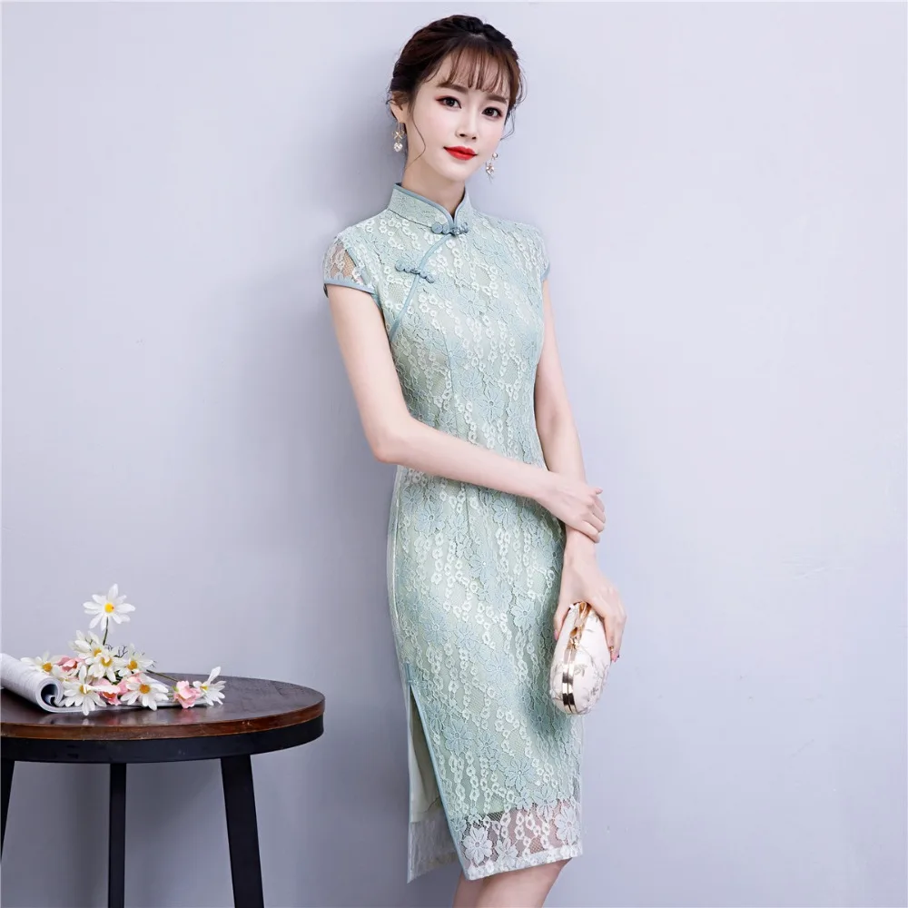 Шанхай история китайское восточное платье с коротким рукавом жаккардовое Qipao платье длиной до колена кружевная ткань с узором стрекоза