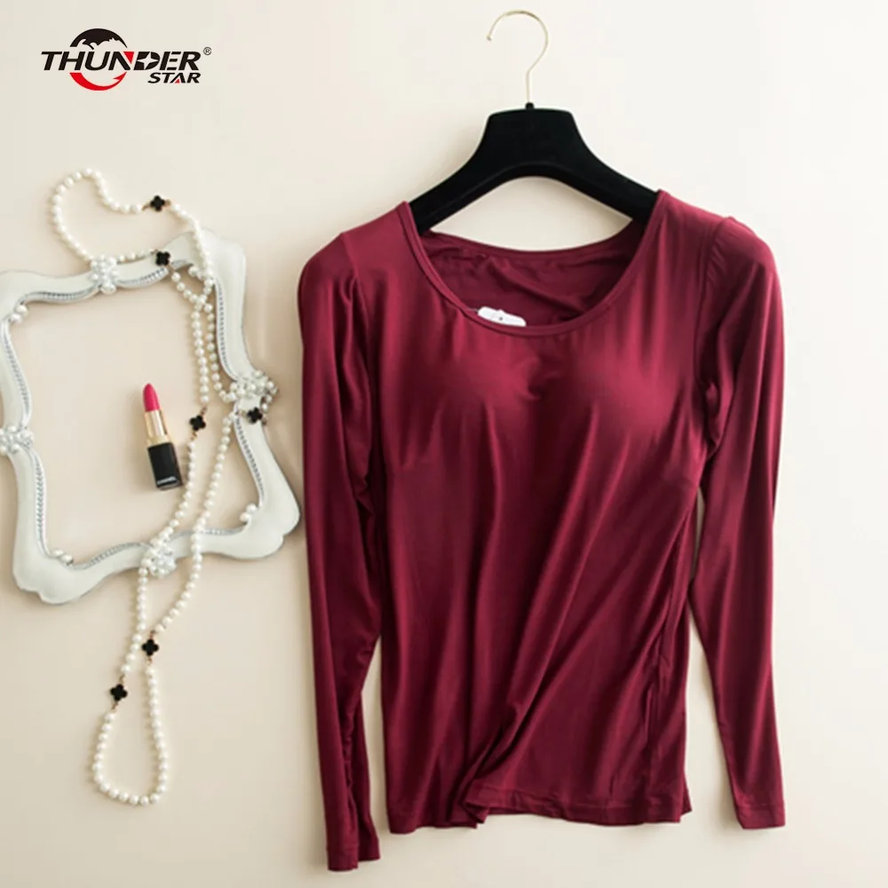 Skup Biustonosz usztywniany podstawowy t shirt kobiety modalne z długim rękawem O Neck solidna koszulka z wbudowanymi miseczkami na co dzień miękkie oddychające Tee topy Hi p