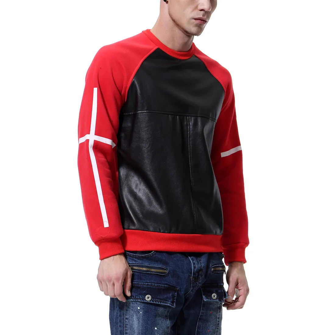 

Sweatshirt Men's Fashion Men's Color Matching Sweatshirt Casual Sportswear Men's Simulation Leather Combination M-3XL-D030
