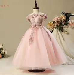 Ходить рядом с вами Нарядные платья для девочек в цветочек платья Розовый Тюль Цветочные Кружева Аппликации Бисер бальное платье пол Длина