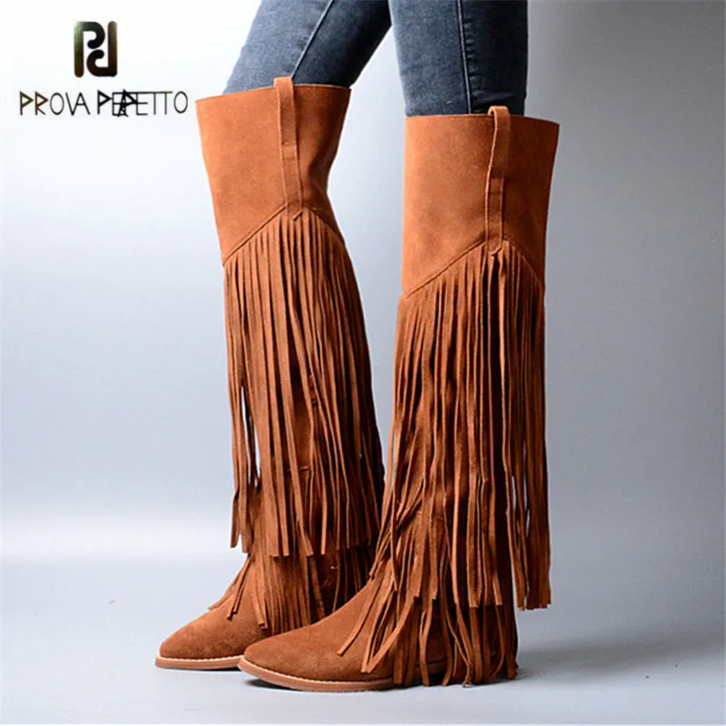 Prova Perfetto Full Tassels Women Thigh High Boots Pointed Toe Fringed Suede Over the Knee Boots Autumn Winter Flat Knight Boot prova perfetto winter plush in warm boots suede leather bling fringe design over the knee boot solid spike heels knight shoes