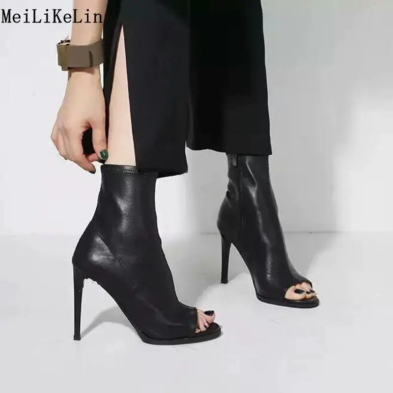 

New High-quality Stretch boots Ladies Open Toe Short Boots High Heels Zip Stiletto Heel Woman Boots Shoes High Heel Botas Mujer