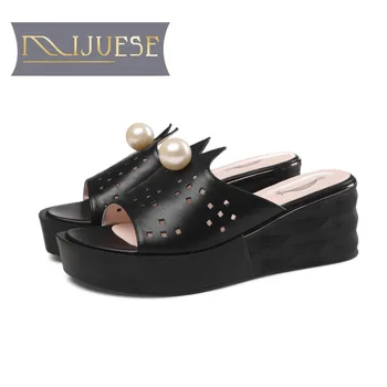 

MLJUESE 2019 women slippers Soft Cow leather Rome style cutouts summer open toe white color beaches wedges sandals party size 40