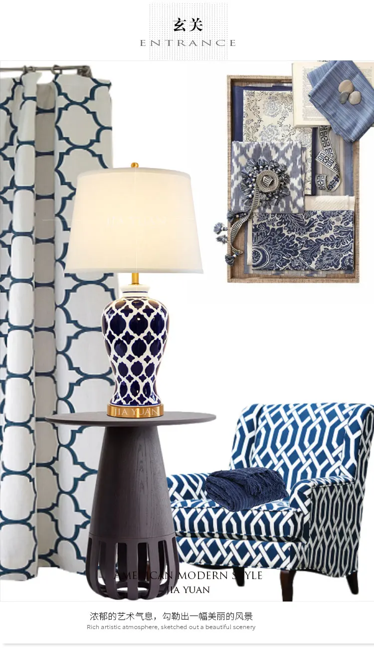 Американский стиль ретро синий ручная роспись Творческая настольная лампа настольная прикроватная лампа китайский синий и белый