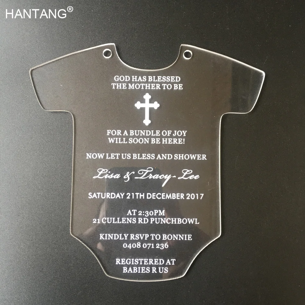  Baby Dress Shape Printing letters 145x145mm Frosted/Clear Acrylic Christening Invitation Card 100pc - 32829580741