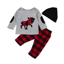 Комплект одежды из 3 предметов для маленьких мальчиков и девочек, клетчатые комплекты одежды с животными, Топы+ штаны+ шапка, oc30