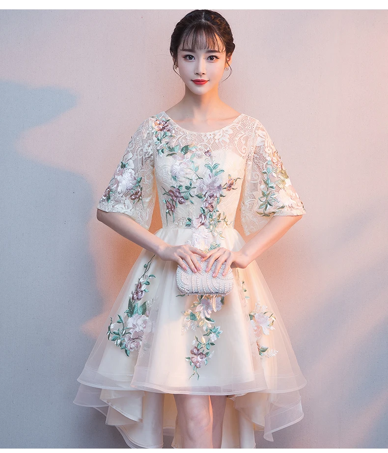 Robe de soiree кружевное вечернее платье цвета шампанского с аппликацией, короткое спереди длинное сзади вечернее платье, платья для выпускного вечера