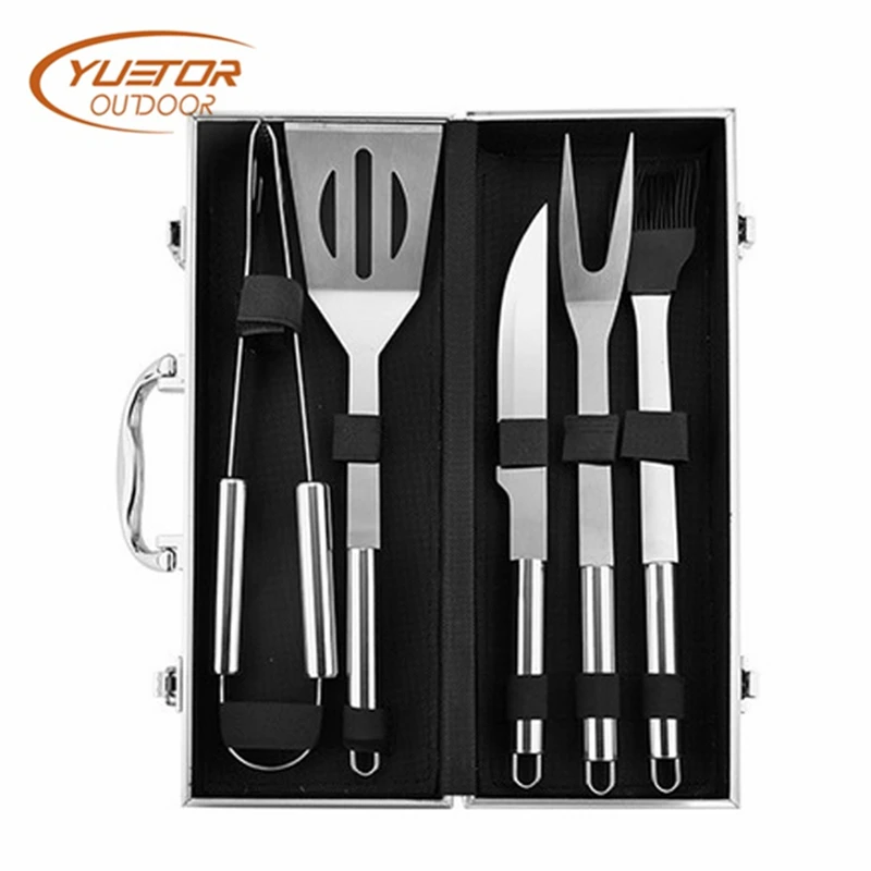 

YUETOR OUTDOOR Hot 6pcs Stainless Steel Barbecue Grill Set BBQ Spatula Fork Brush Picnic Camping Cookware Tools Aluminum Box