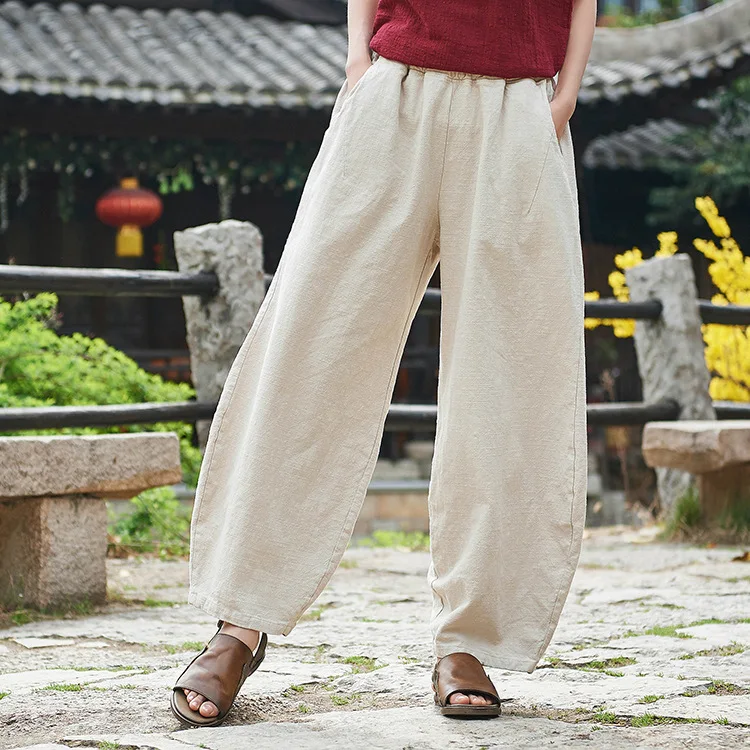 LZJN 2019 New Women Solid Color Pockets Loose Pants Vintage Elastic Waist Cotton Linen Wide Leg Full Length Pants (23)