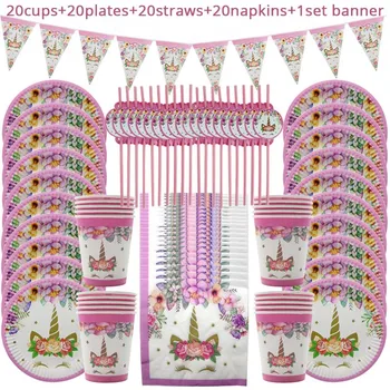 

51/81pcs Pink Rainbow Unicornio Party Favor Disposable Tableware Set Paper Plate Cup Napkin Garland Unicorn Birthday Party Decor