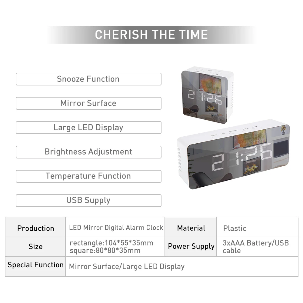 Светодиодный зеркальный будильник, часы, цифровой Повтор, настольные часы, будильник, светильник, электронный, большое время, отображение температуры, украшение для дома часы