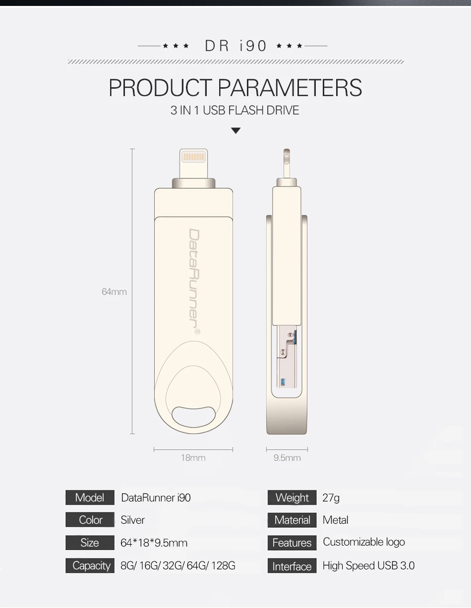 DataRunner 3 в 1 OTG USB флэш-накопитель Вращающаяся ручка-накопитель 128 Гб 64 ГБ 32 ГБ 16 ГБ 8 ГБ цоколь usb 3,0 Флешка для iOS/Android/PC