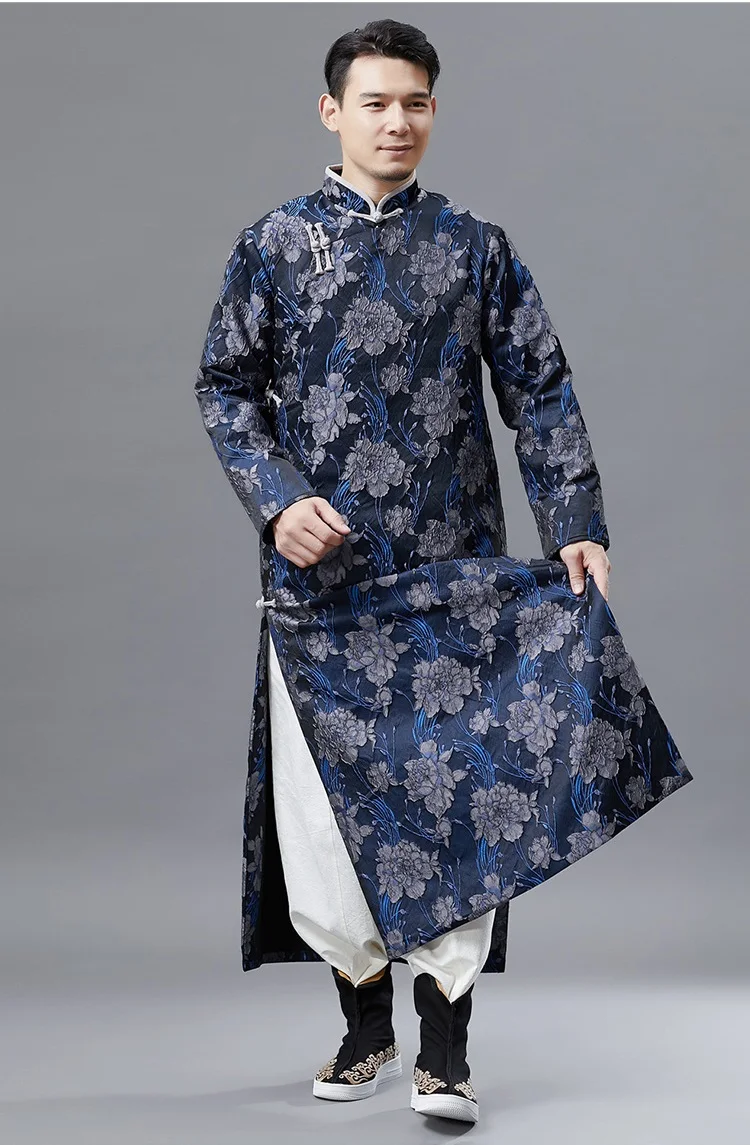 Китайский традиционный костюм Тан длинный халат Восточная Этническая одежда Hanfu Мужской Винтаж Qipao платье со стоячим воротником vestido для мужчин