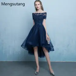 Вечернее платье темно-синего цвета на шнуровке vestido de festa с аппликацией, короткое спереди и длинное сзади, вечерние платья, платья для