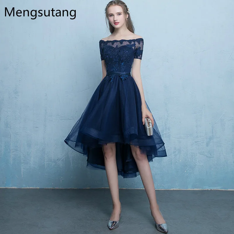 US $43.13 Robe De Soiree Navy Blue Lace Up Vestido De Festa Evening Dress With Appliques Short Front Long Back Party Dresses Prom Dresses