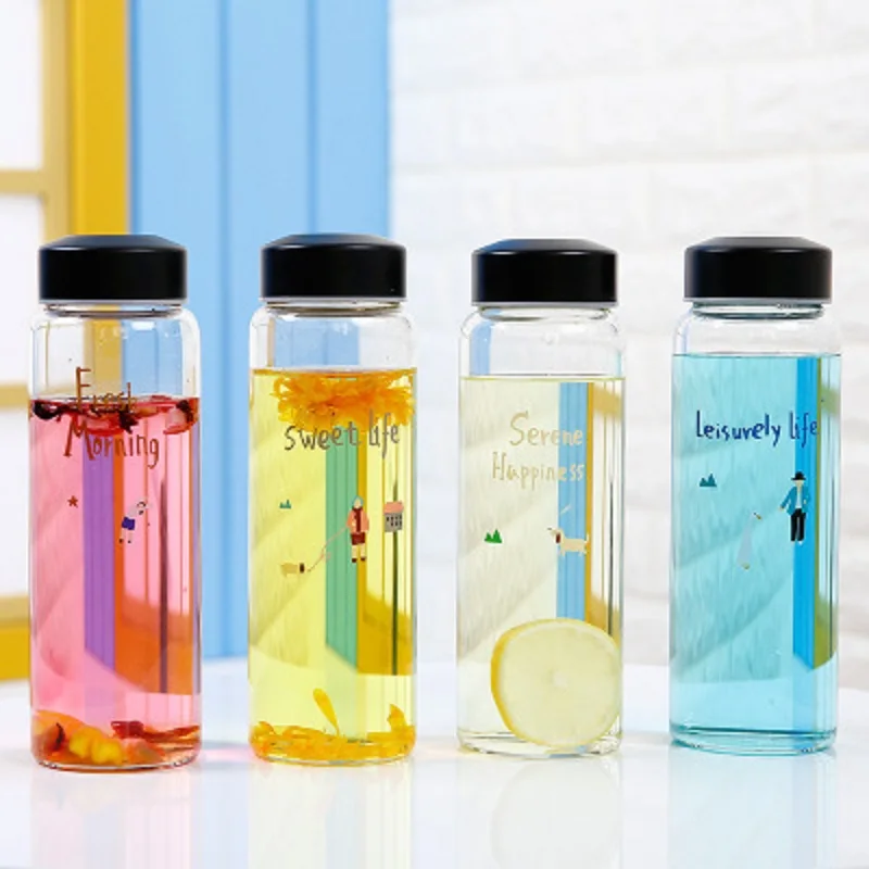 New Cute Glass Transparent Water Bottles Heat resistant Leakproof Proof Sports Drinkware Portable cup with lid | Дом и сад