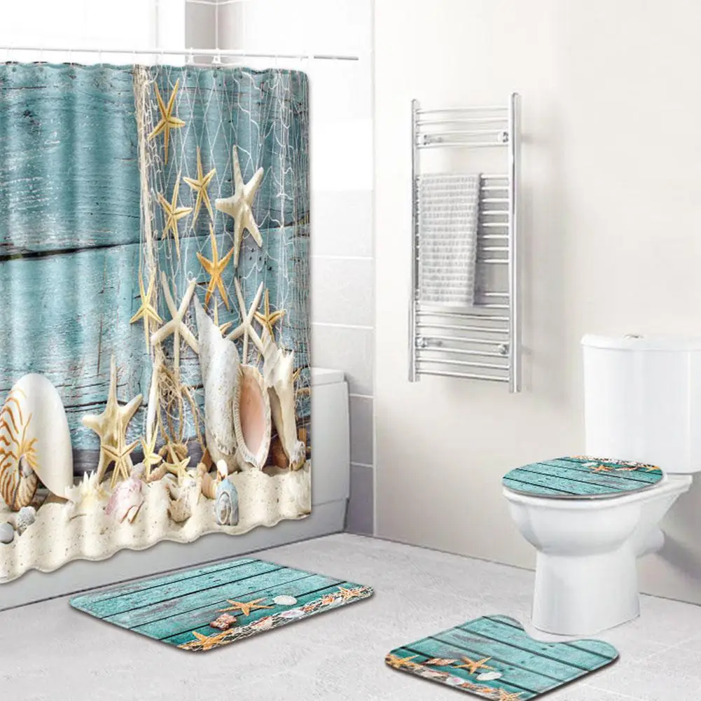 4pcs Set Marine Life Waterproof Shower Curtain Turtle Bathroom