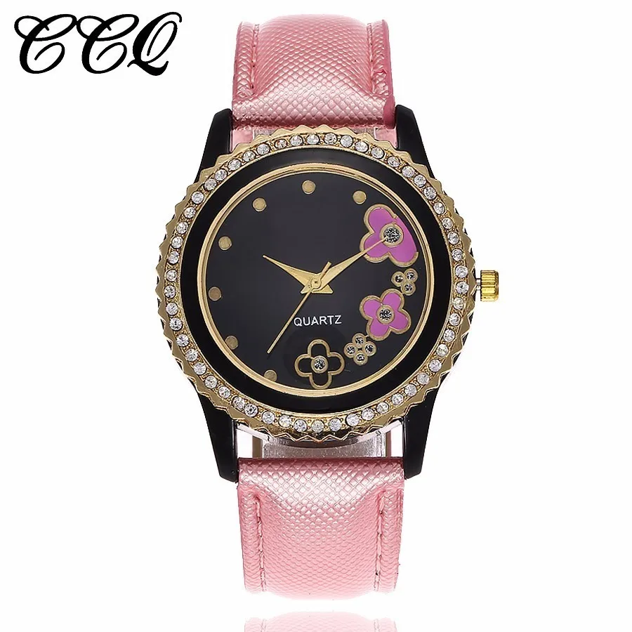 Новый ccq бренд Для женщин часы со стразами роскошные классические модные кожаные Повседневные часы золотой кристалл часы Reloje Mujer Прямая