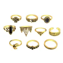 10 pçs/set Mulheres Anéis Vintage Boêmio Stack Anéis Aneis de Prata Acima Knuckle Anel Azul Conjunto de Enfeites de cabelo Jóias Acessórios Anel