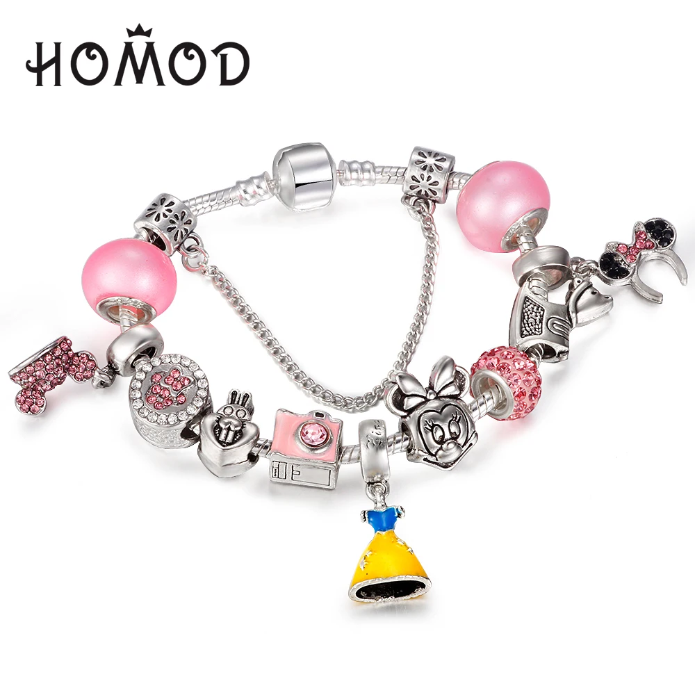 

HOMOD Fashion Mickey Pink Murano Charm Bracelet with Princess Pendant Fits Pandora Bracelet for Women Wedding Jewelry