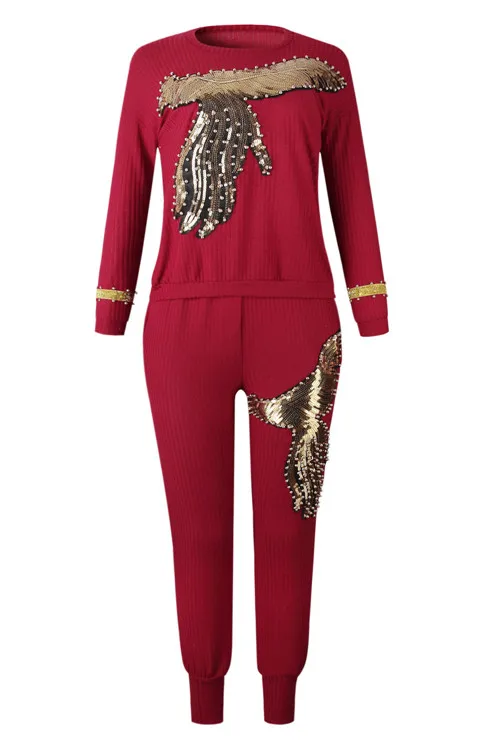 Tilapia, модный топ с блестками и штаны, два предмета, Однотонный женский комплект, 2в1, повседневный черный эластичный свободный костюм - Цвет: red