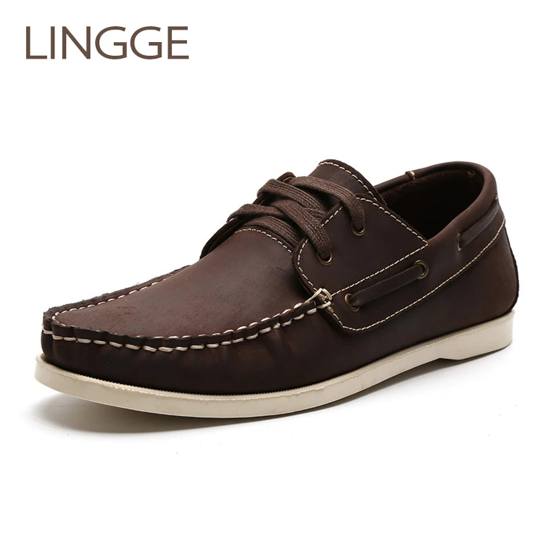 

LINGGE Brand Men Shoes Genuine Leather Lace-Up Boat Shoes Rubber Non-Slip Men Shoe Big Size Vintage Leisure Shoe