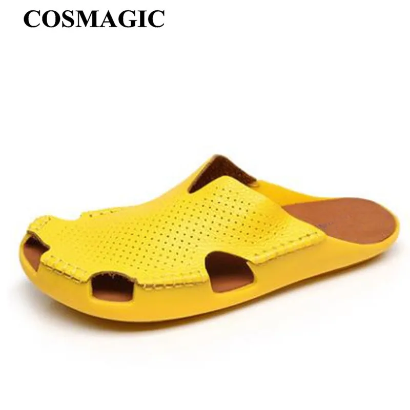 

COSMAGIC 2019 New Summer Genuine Leather Breathable Beach Slippers Casual Women Cut-outs Solid Color Clogs Slides Shoe