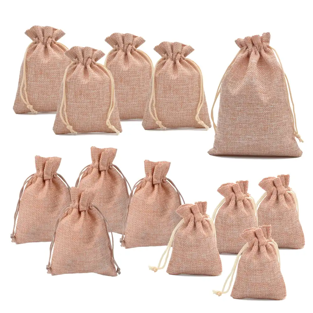 10 Linen Jute Hessian Sack Jewelry Pouch Drawstring Bags Wedding Favour HGUK