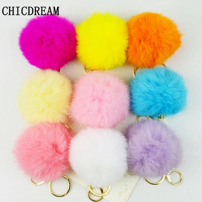 

Real Photo Cheaper 8CM Genuine Rabbit Fur Ball Pompons Keychain Gift Gold-color Keyrings Pom Pom Key Chain For Keys Bag Pendant