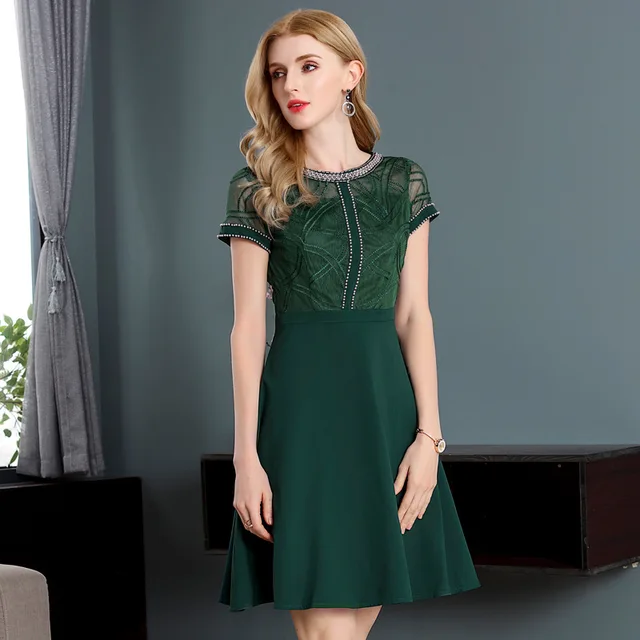 Women A Line Dress Office Ladies Elegant Hollow Out Mesh Patchwork ...