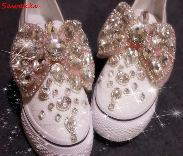 

Spring Autumn Woman Espadrilles Genuine Leather Platform Shoes Slip On Women Bowtie Flats Rhinestones Pearls Studded Loafers
