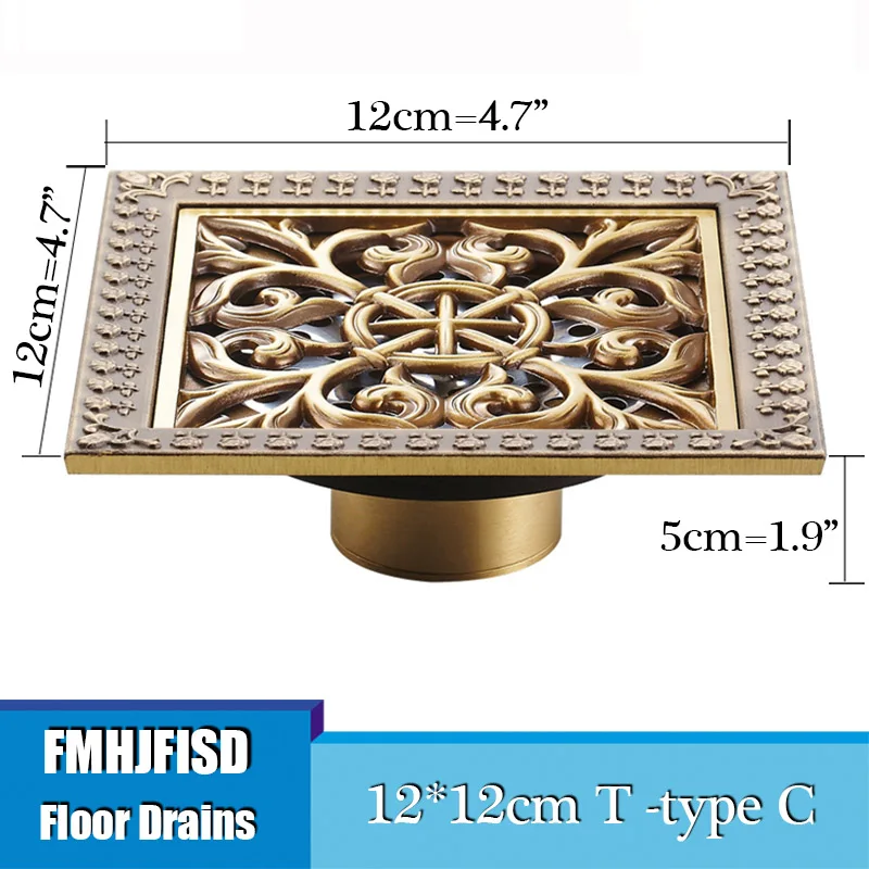 12 см античный латунный душ сливное отверстие для ванны ситечко для волос резной ванная комната Трап отходов Решетка балкон Туалет стоки - Цвет: T type C