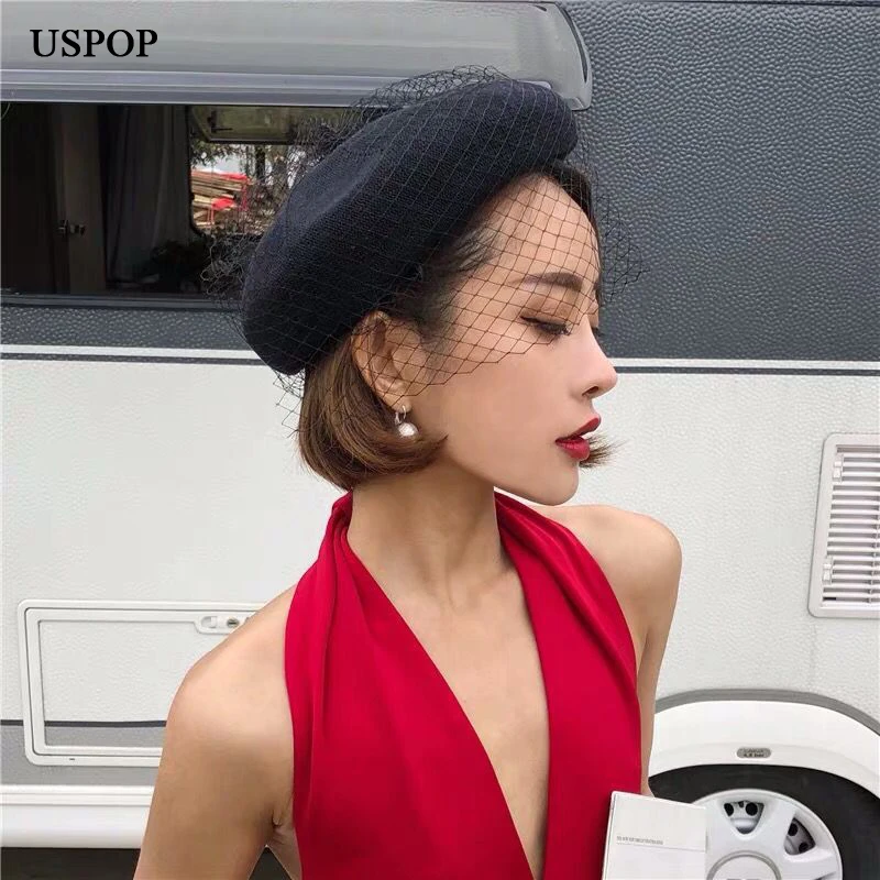 

USPOP 2019 hat autumn Women's hat beret vintage mesh yarn berets fashion female breathable berets solid color cap