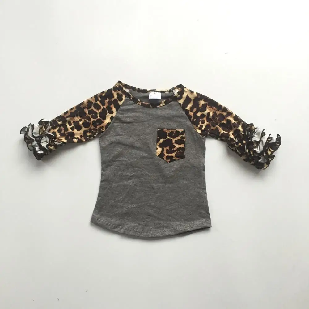 

Spring/winter grey leopard pocket T-shirt top ruffle 3/4 sleeves shirt icing raglans t-shirt milk silk cotton baby girl clothes