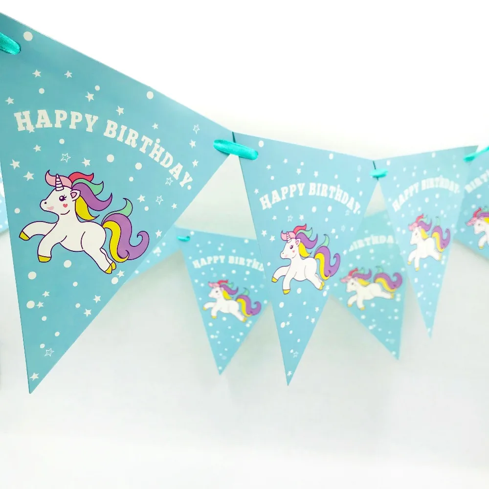 

blue unicorn party supplies paper banner pennant bunting flag kids boys birthday party favors baby shower wedding decoration set