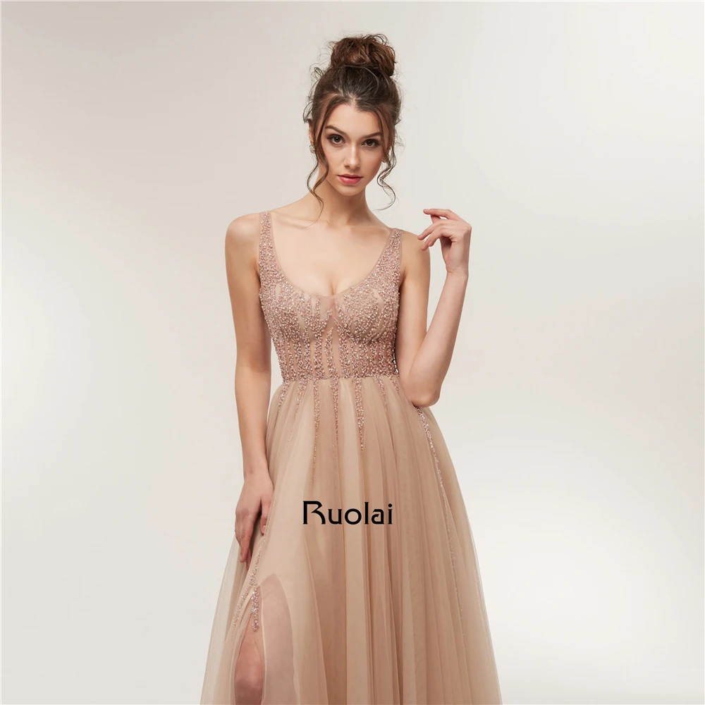 Сексуальное платье для Бала Low Neck A-Line бисерные вечерние платья длинное с разрезом роскошное выпусквечерние вечернее платье Robe de Soiree RE12