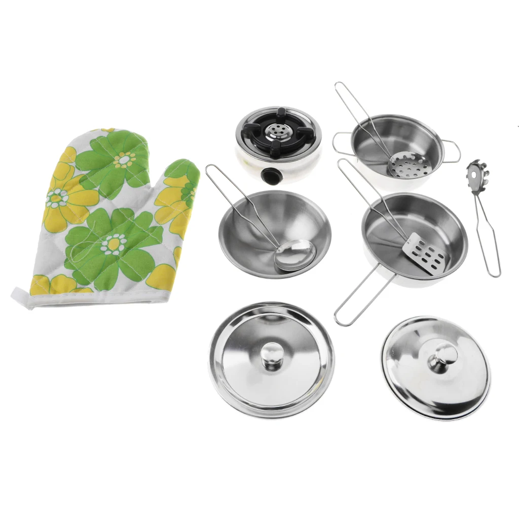 

11 Pieces Kids Pretend Play Stainless Steel Cookware Kitchen Pot Pan Utensil Toy Miniature Set Kids Role Play #1