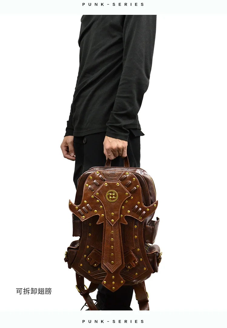 Панк кожаный рюкзак с крылышками псевдо-антиквариат для мужчин и женщин коричневый большой емкости рюкзак женский ноутбук сумка с заклепками дорожная сумка