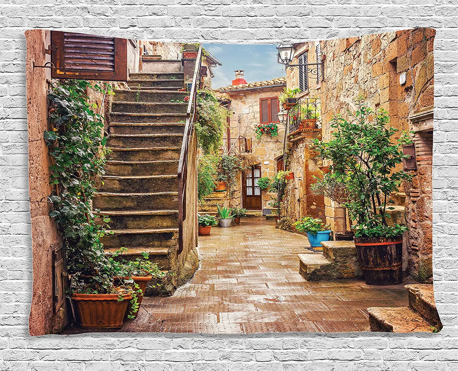

Tuscan Tapestry View of an Old Mediterranean Street with Stone Rock Houses in Italian City Rural Culture Print Wall Hanging