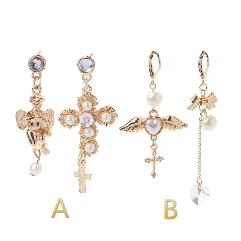 

Gold Color Vintage Cross Wing Imitation Pearl Angle Earrings Lovely Asymmetry Earrings of Angel Wing Exquisite Earrings