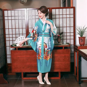 

Woman Print Peacock Kimono Bathrobe Gown Yukata With Obi Lake Blue Japanese Style Belt Performance Clothing Cosplay Costume