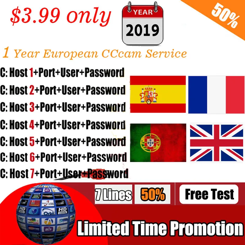 

Best Cccam 7 lines For 1 Year European France Portugal Spain CCccam HD Server For Freesat GTmedia V7S HD V8 Nova DVB S2 Receiver