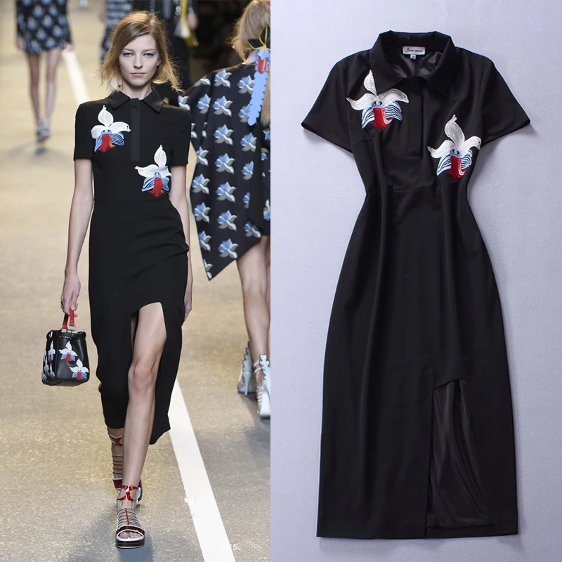 

High Quality 2018 Summer And Autumn New Fashion Catwalk Models Flower Embroidery Black Short-Sleeved Long Dress Women Split