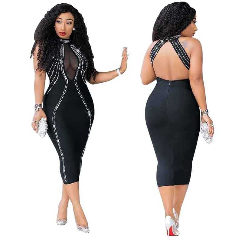 

African Clothes Sexy Perspective Backless Bodycon Dress Women Sleeless Stand Collar Sparkle Diamonds Bandage Dress Partyclub
