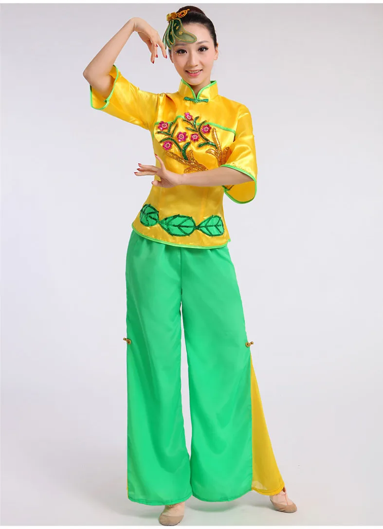 (0147) Adult yellow green Chinese Folk dance sequins Embroidery Hanfu yangko dance flower Jiangnan rain classical dance costumes