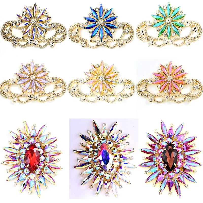 

5 Shapes 1pc Colorful Crystal AB Rhinestones Applique Sew On Rhinestones Golden Bottom for Hat Decoration Wedding Dress B1215
